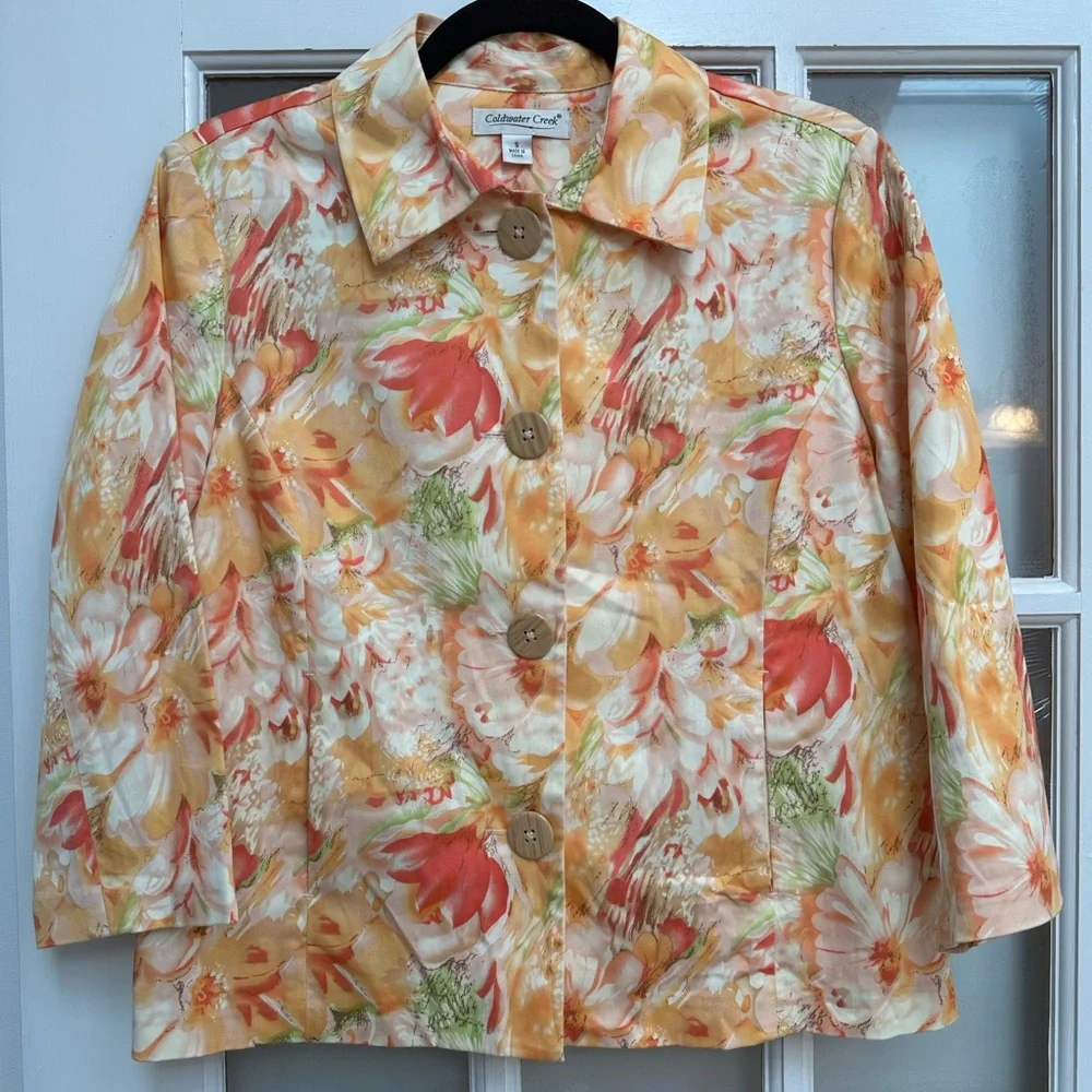 Coldwater Creek Chic Watercolor Floral Button-Front Spring Jacket  Blazer Size S